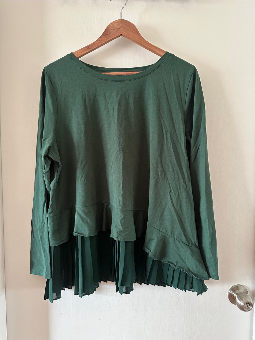 Eloquii Forest Green Long-Sleeve Top with Pleated Hem